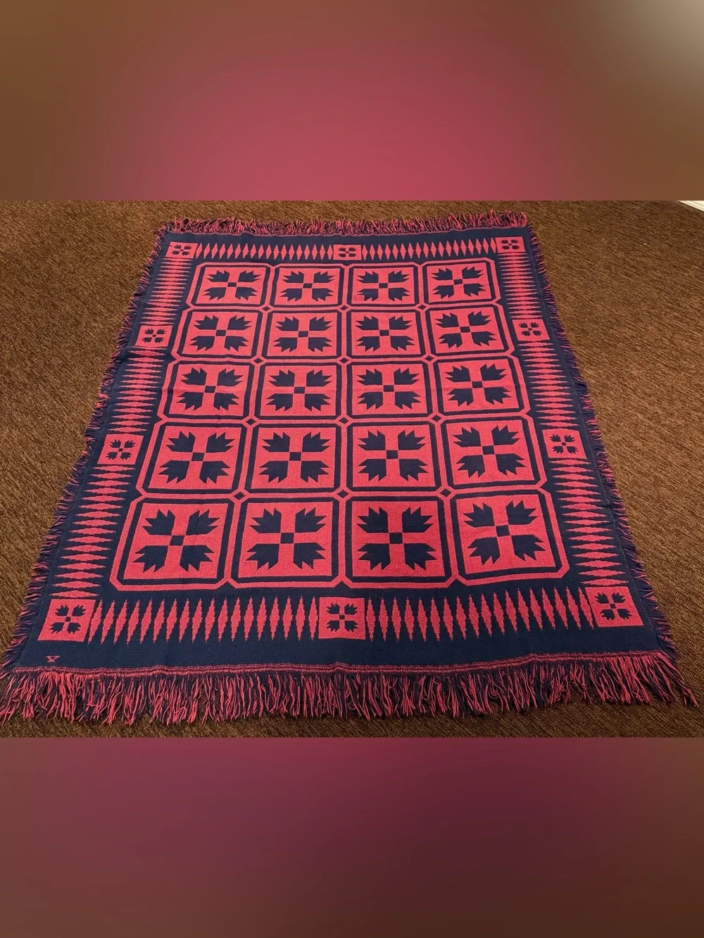 Hand‑Woven Cotton Throw / Small Accent Rug – Navy & Red – Artisan Mark – 48” x 5